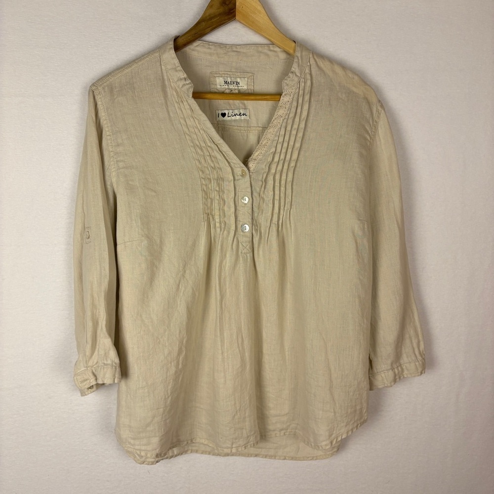Malvin 100% Linen Cream Button Up Popover Blouse Beachy Coastal